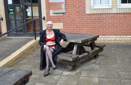 Older blonde amateur Barby Slut flashes while out in public places