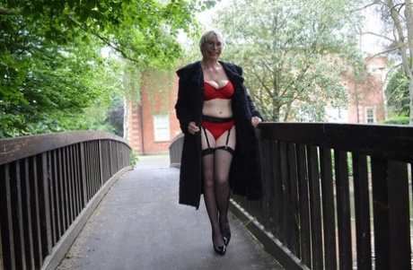 Older blonde amateur Barby Slut flashes while out in public places