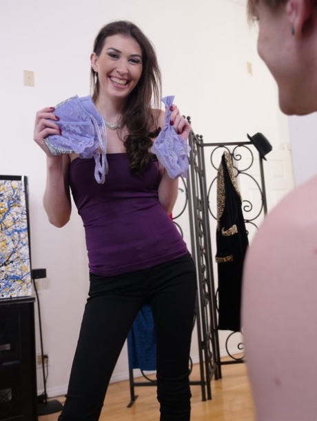 Brunette hottie with big tits Angela Demonte blows a dick and gets facialized