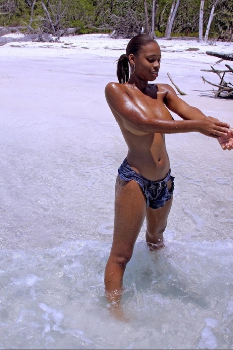 Ebony model Tierra poses naked and flaunts her big shiny tits on the beach